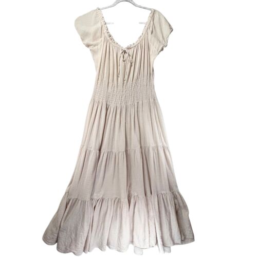 Boho Maxi Dress Ruffled Scoop Neck Smocked Bodice Cap Sleeves Cream Tiered 16