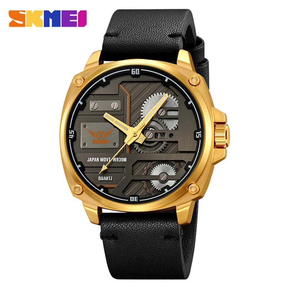 2025 SKMEI Men's Fashion Quartz Watch Big Case Hollow Leather Strap Wristwatch - Image 2 of 4