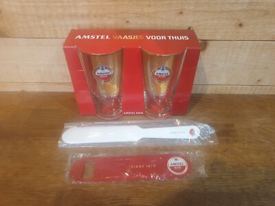 Amstel Gläser VERPACKT & gedreht Bier Schaum Skimmer & Metall Flaschenöffner - Neu