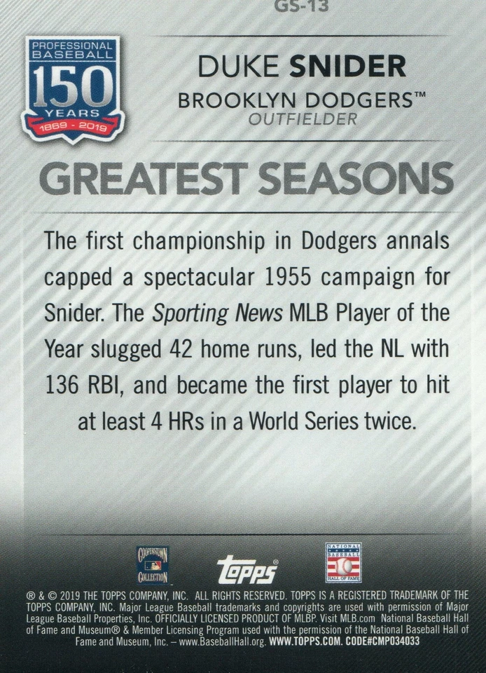 GS-13 Duke Snider Greatest Seasons Brooklyn Dodgers 2019 Topps Series 2 Baseball - Image 2 of 2