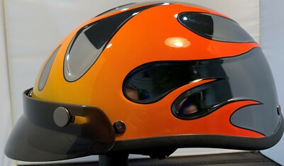VOSS BLACK CHROME ORANGE & YELLOW FLAME W/VISOR BEANIE NOVELTY MOTORCYCLE HELMET