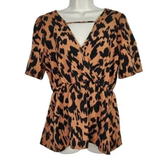 Shein Brown Black Animal Print Top V-neck Women Size 0XL 12W Short Sleeve 