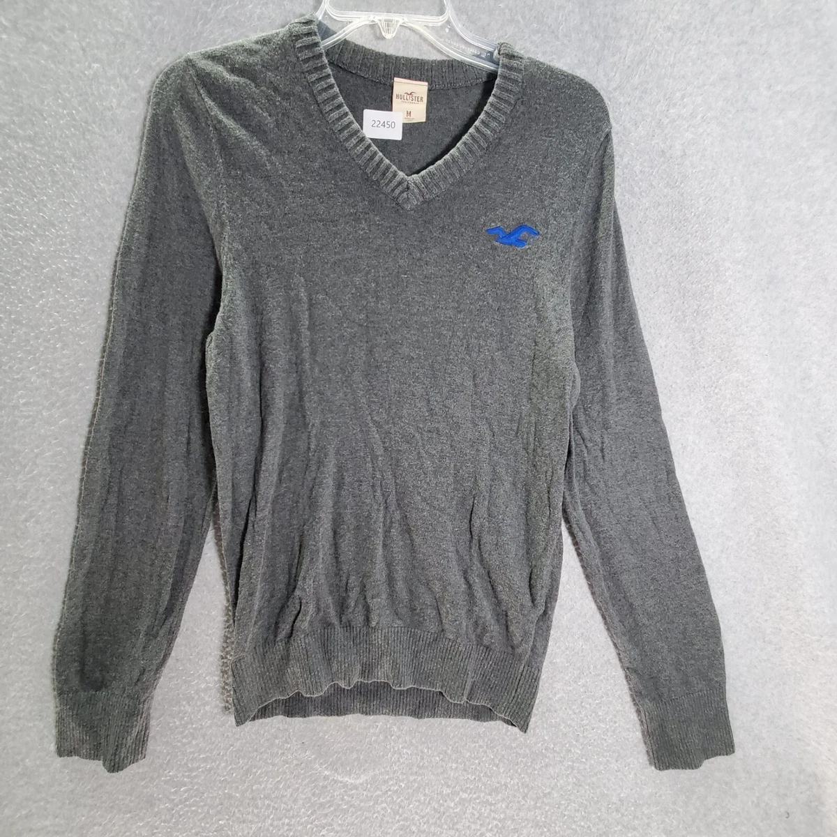 Hollister Men Sweater Medium Gray Logo Embroidered Long Sleeve V Neck Pullover