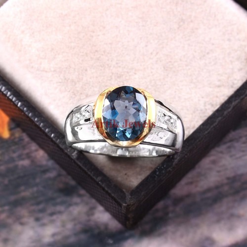Natural London Blue Topaz Gemstone with 925 Sterling Silver Men's Ring ...