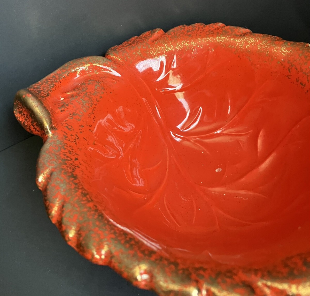 Vintage California USA Pottery Leaf Shaped Red Orange Bowl