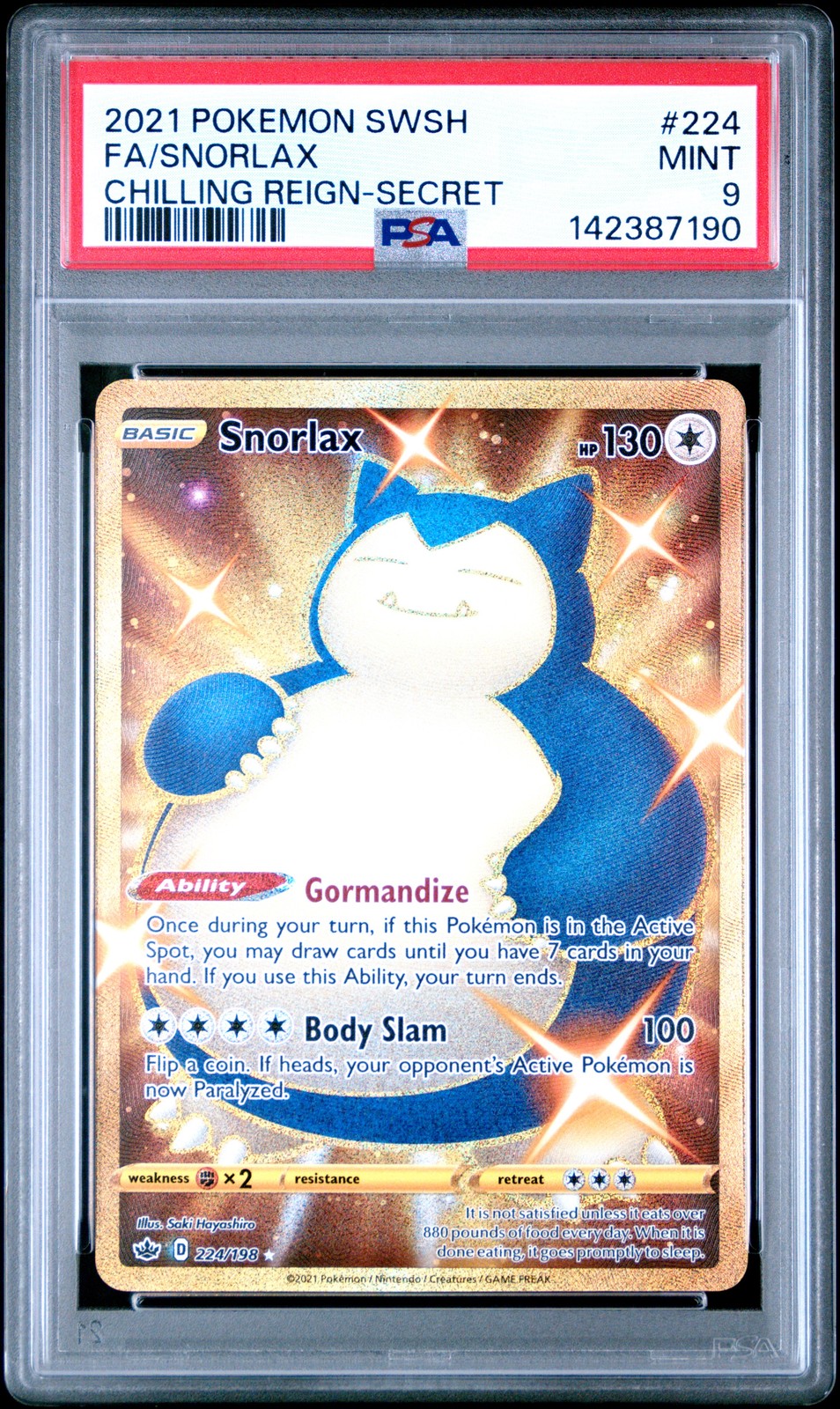 2021 Pokemon Sword & Shield Chilling Reign 224 Snorlax PSA 9 142387190