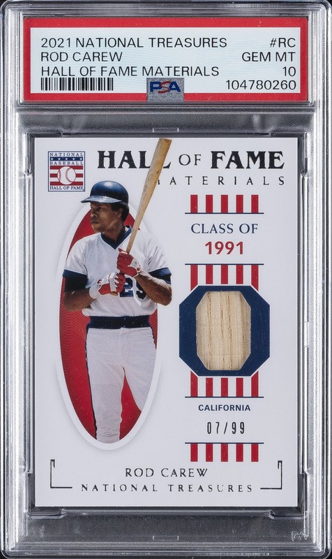 2021 NATIONAL TREASURES HALL OF FAME MATERIALS #RC ROD CAREW 7/99 PSA 10