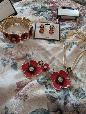 Dana Buchman Lot Red Poppies Necklace Clip Earrings Bracelet Pin Gold Tone NIP
