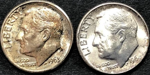 1963-D 1964-D 90% SILVER DIME COIN LOT 2 pc UNC