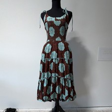 Brown Blue Floral Smocked Tiered Midi Dress Square Neck Strappy Sleeveless XS