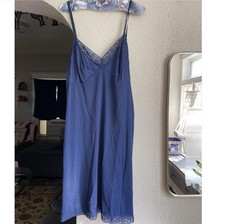 Vanity Fair Vintage Slip Dress Satiny Nylon Lace, Navy Blue, Size 38