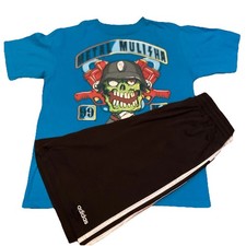 Metal Mulisha Blue Graphic T-Shirt And Adidas Black White Elastic Shorts Size L
