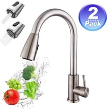 2PCS Brushed Nickel Kitchen Sink Faucet Pull Down Sprayer Single Handle Mixer
