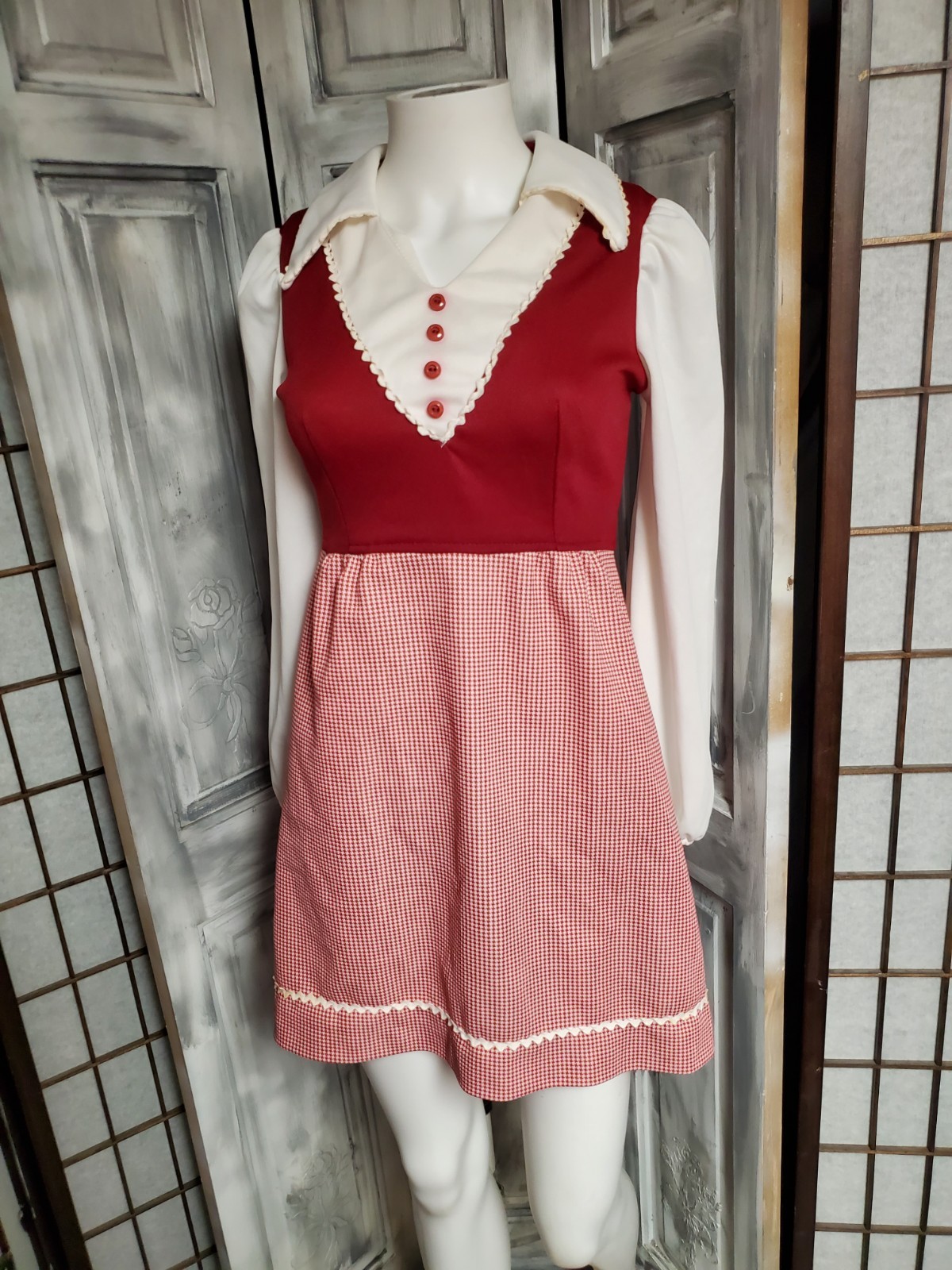 Vtg 60s 70s Micro Mini Dress Boho Hippie XS-S Mod Go Go Empire Ties Coquette