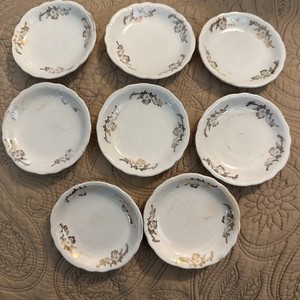 Antique Butter Pats Matching Lot Of 8 Scalloped Edge Gold Floral Pattern
