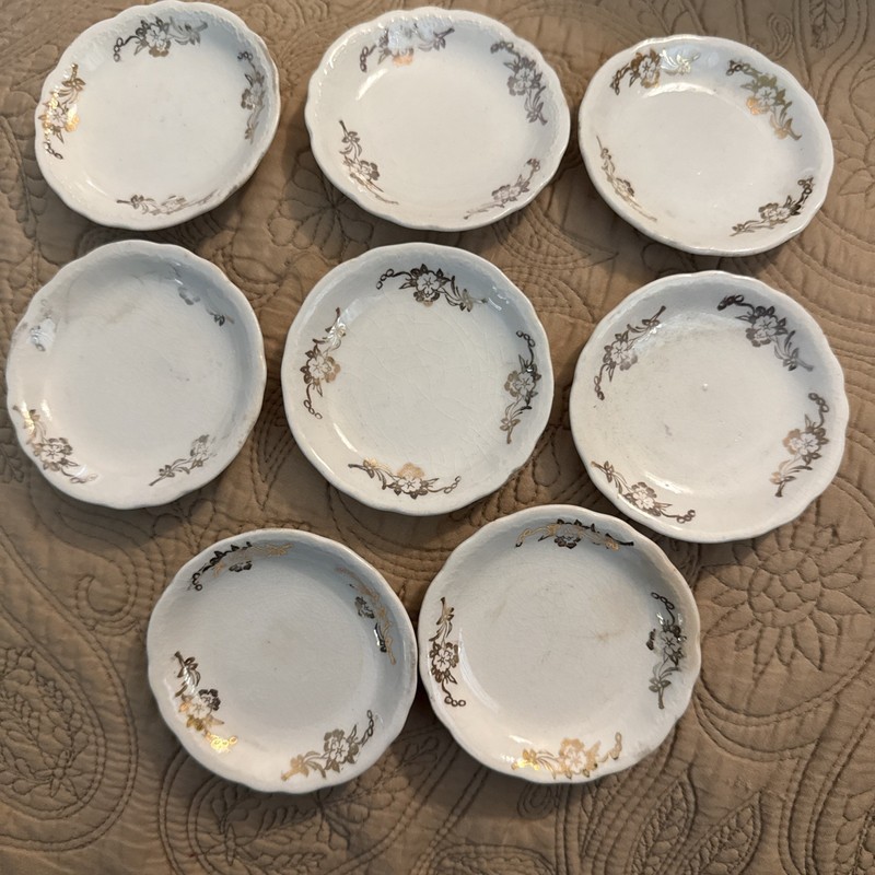 Antique Butter Pats Matching Lot Of 8 Scalloped Edge Gold Floral Pattern