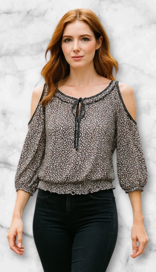 Max Studio Black Boho Cold Shoulder Peasant Top with Ruffle Detail Elastic Waist Size M