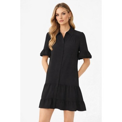 CeCe Rich Black Tiered Shirt Dress Ruffle Sleeve Button Down Size L NWT