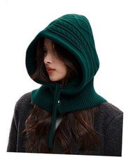 Knitted Balaclava Drawstring Hooded Scarf Hat Womens Beanie Skull Dark Green
