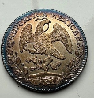 1868 Mexico 8 Reales Silver Coin A.E. Cap & Rays Attractive Peripheral Toning