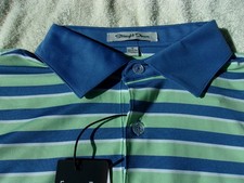NWT Straight Down polo, men's S, blue  green stripes, 3 button top, poly.