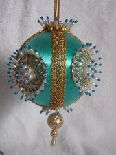 Elegant Vintage Turquoise Satin Handmade Lace Pearl Bead Push Pin Xmas Ornament