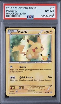 PSA 8 MINT 2016 Pikachu HOLO Generations 20th Anniversary Stamped Card 26/83