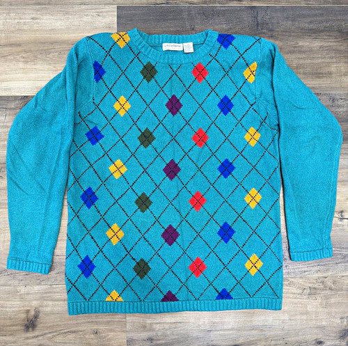 Liz Claiborne, Liz Claiborne Teal Argyle Crewneck Vintage Sweater w/ shoulder pads size S