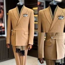 Summer Men's Business Suits Double Breasted Peak Lapel Jacket Trousers Handsome