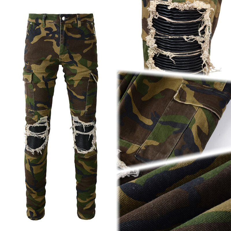 's Skinny Camouflage Denim Jeans With Flexible Knee And Side