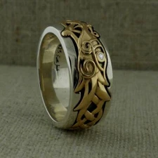 Sterling Silver & 10K Celtic Dragon with White Sapphire Ring KEITH JACK Size 8