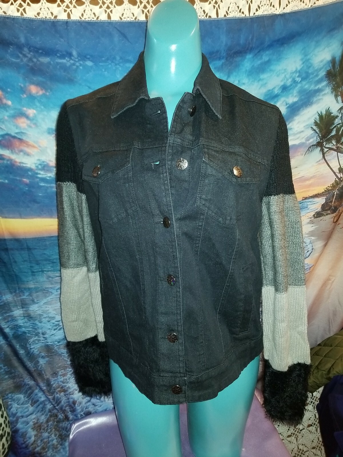 Charlie B Black Denim Jacket Sweater Sleeves Small Gem
