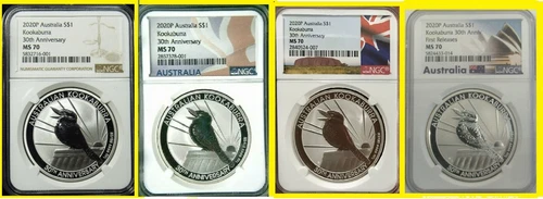 2020 Australia Kookaburra NGC MS70 4 COINS SET 4 oz Silver 4 LABELS NEW 30th Ann