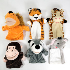 Lot of 6 animal hand puppets monkey, giraffe, elephant, lion, tiger, bear puppet