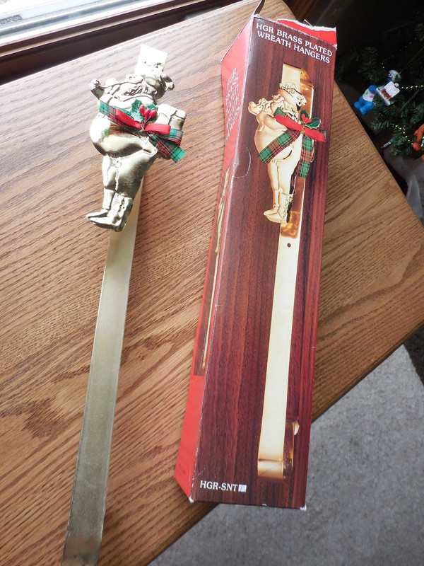 Brass Plated Wreath Hanger Santa with Plaid Bow Over door