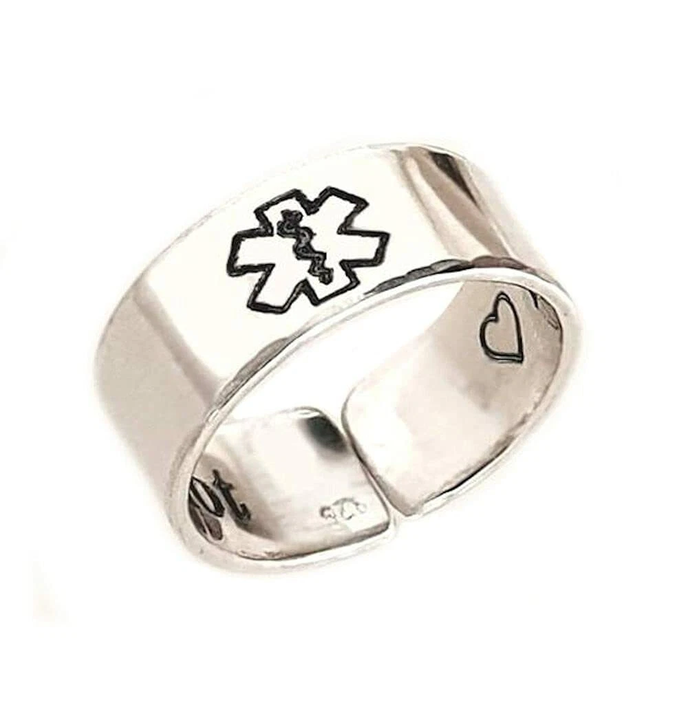 Personalized Medical Alert EMT Symbol Ring Sterling Silver Emergency Med Band