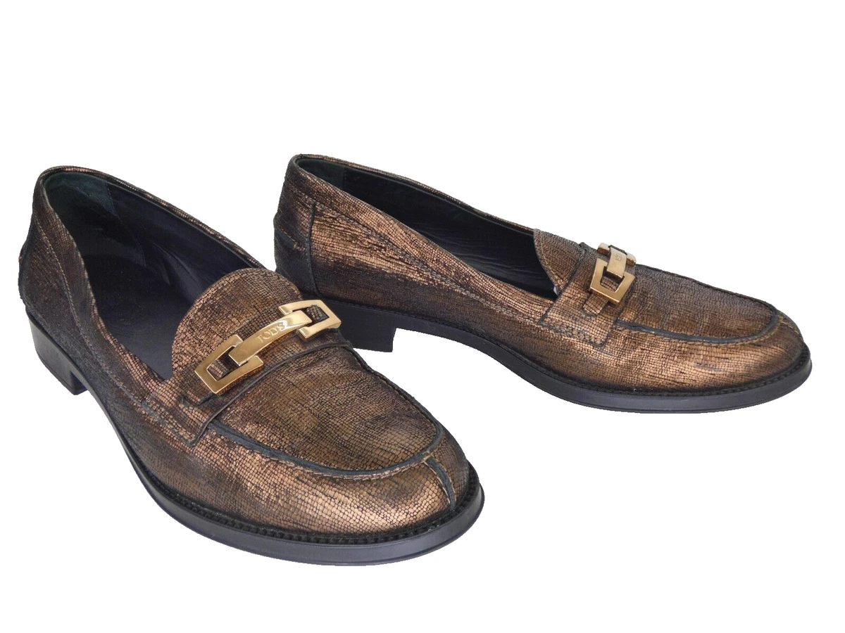 Tods Womens Loafers Shoes Horsebit Gold Bronze Metallic Leather EU