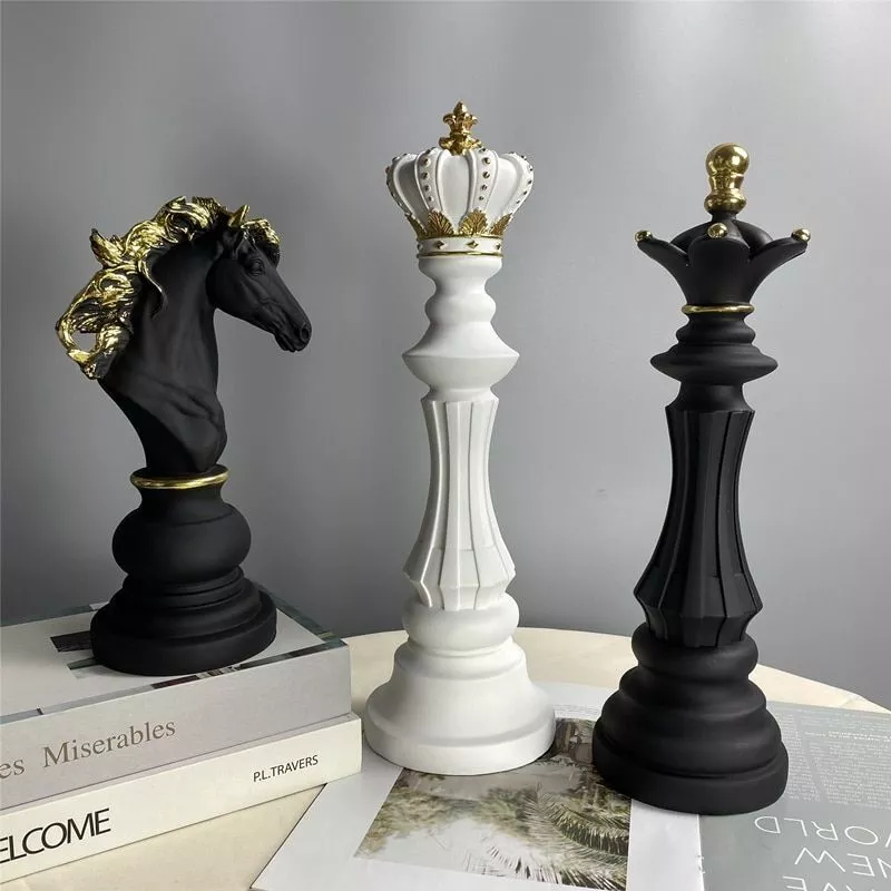 Large Chess Set Statue Sculpture Black Modern Home Decor King Queen Knight