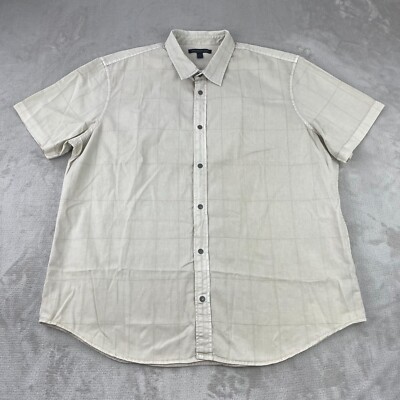 John Varvatos USA Shirt Men 2XL Beige Embroidered Windowpane Check Snap Up SS