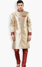 Men's Embellished Wedding Sherwani - Gold  Red - Size L - Brand: Svanik
