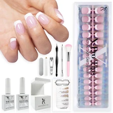 Cosmetics French Tip Press on Nails Pink Series, XS Square X-Pro Tips Starter Ki