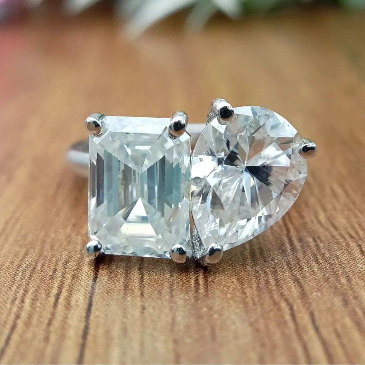 4.50 CTW Moissanite Two Stone Emerald & Pear Wedding Ring  display picture 1