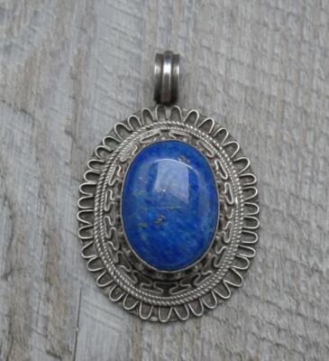 Atemberaubender Bali Made Sterling Silber großer Lapislazuli & Pyrit Gold 925 Anhänger