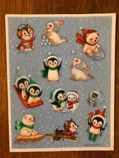 Vintage Hallmark Stickers Cute Seasonal Winter Animals Penguin Seal Sledding