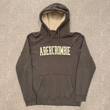Abercrombie Fitch Mens Large Sherpa Lined Hood Pullover Hoodie Gray Applique