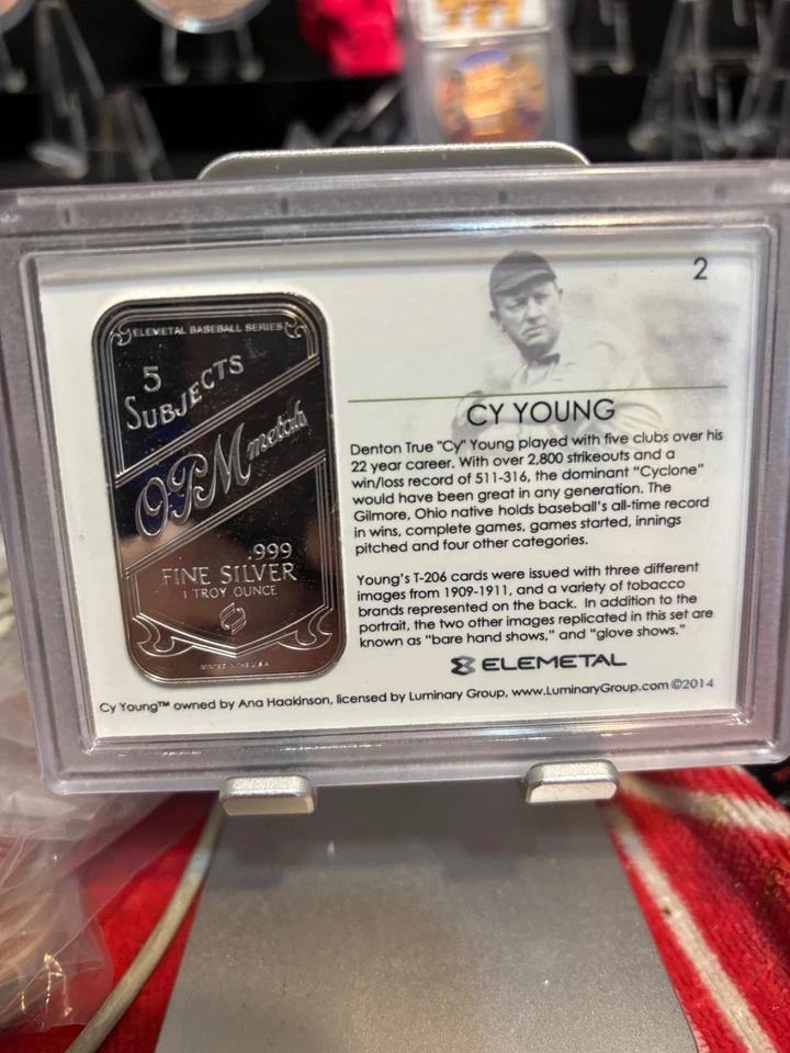 Barra de plata Cy Young Elemetal T206 Baseball Greats .999 1 OZ 380/1909 Foto 2 de 2
