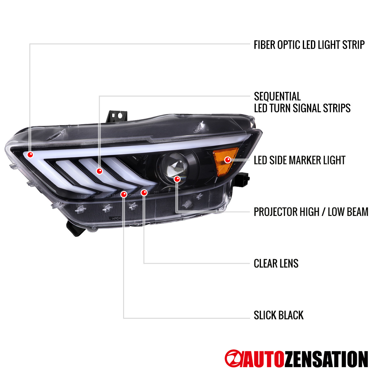 Sequential LED Fit 2015-2020 Ford Mustang GT Slick Black Projector Headlights