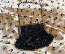 Beaded Evening Bag Art Deco Metal Frame Blue Cocktail Purse