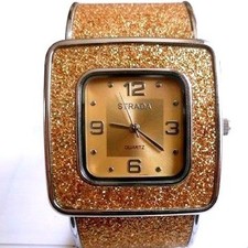 NOS Strada Gold Glitter Cuff Bangle Watch Squ...