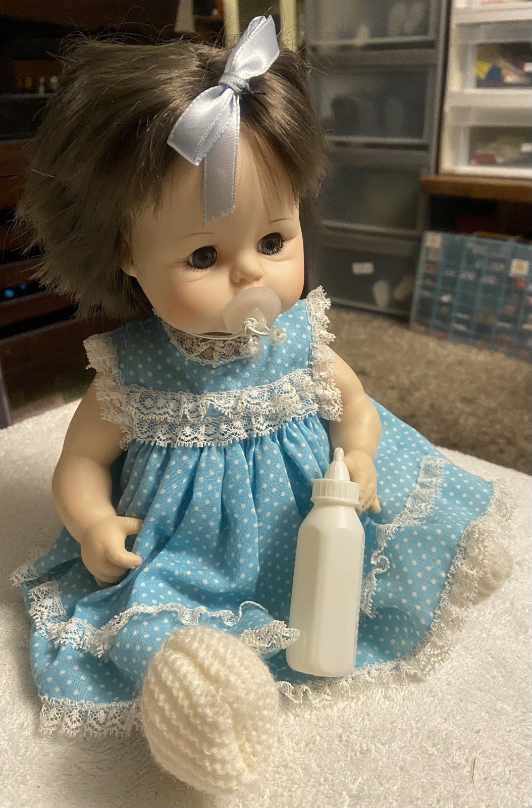 Madame Alexander Sweet Tears Baby Doll Blue Polka Dot Dress 